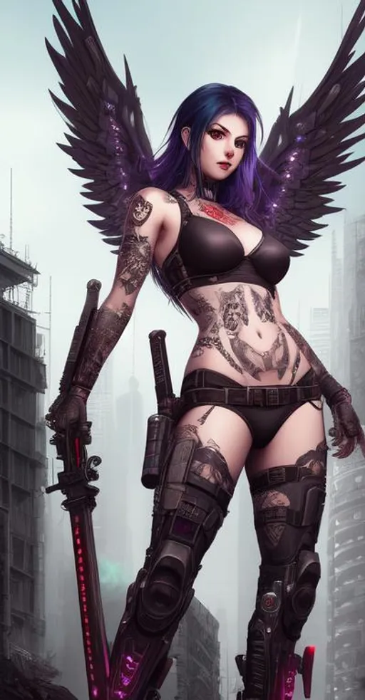 Prompt: Beautiful cyberpunk female with tattoos, apocalyptic, swords, guns, fire, anatomical, dark, gothic, mech, angel wings, battle backgrounds 