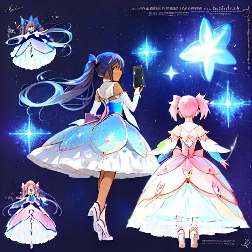 Prompt: A character sheet of an anime magical girl with  hair and dark skin, covered in stars. blue accents on outfit. holding a wand Concept Art. puffy skirt. madoka magica inspired. ballet inspired. ballgown inspired. reference sheet, different poses,  concept sheet, beautiful face, pigtails hair