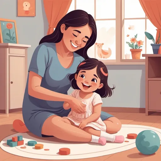 Prompt: girl child happily playing with her mother illustrator