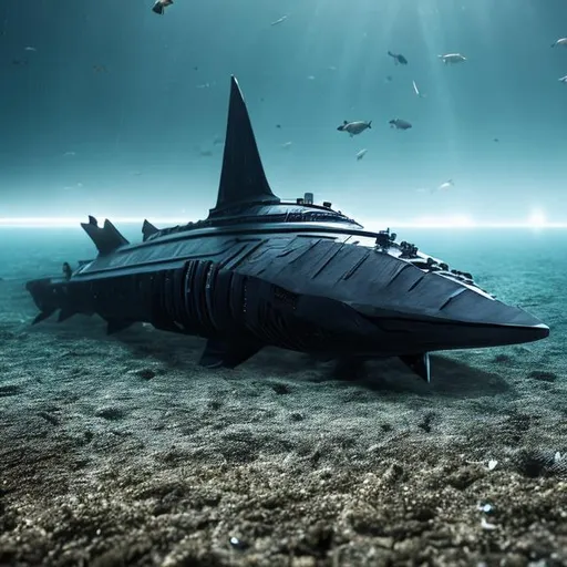 Prompt: Darth Vader streamlined shark in the deep dark cold sea.. Hyperrealistic photography. Natural aquatic life. Deep sea fish. High waterpressure. 
