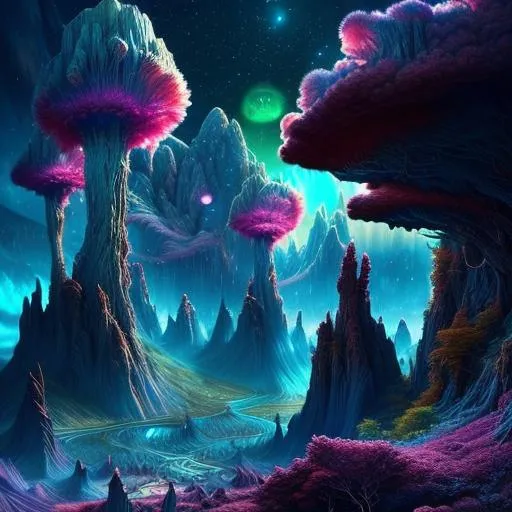 Prompt: Highly detailed fantasy planet landscape, moon, clouds, stars, planets, waterfalls, nebulae, mystical, light shafts, forest of quaking aspen, magenta-pink, green-cyan, dark-magenta, electric-blue, trending on artstation, beautiful, tonemapping, fantasy art, digital painting, hyperrealism, hyperdetailed, landscape, photorealistic, dramatic lighting, ray tracing, path tracing, vibrant, full shot