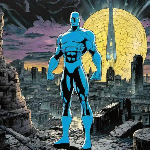 Prompt: Watchmen, DC superhero, a huge Dr Manhattan with menacing nuclear mushroom cloud in the background, apocalypse straight ahead, dark and gritty cityscape in ruins, 8k highres, immaculate detail, dramatic volumetric lighting, graphic novel style