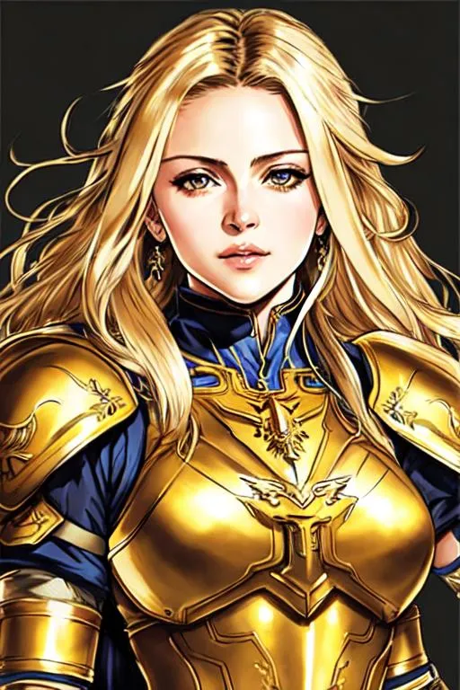 Prompt: Shining Force Concept art (((Yoji Shinkawa))), sticker of ultra detailed portrait of Madonna, 26 years old, in gold greek armor, blonde long hair, high quality cell shaded illustration in post apocalyptic style by Yoji Shinkawa, ((full body portrait)), dynamic pose, perfect anatomy, centered, freedom, soul, blonde long hair, approach to perfection, cell shading, 4k , cinematic dramatic atmosphere, watercolor painting, global illumination, detailed and intricate environment, artstation, concept art, fluid and sharp focus, volumetric lighting, cinematic lighting, Art by Yoji Shinkawa,