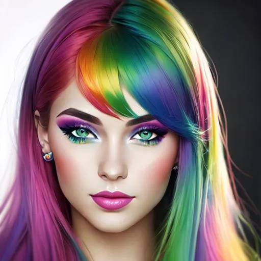 Prompt: Girl with colorful rainbow hair ,colorful makeup, light green eyes, facial closeup