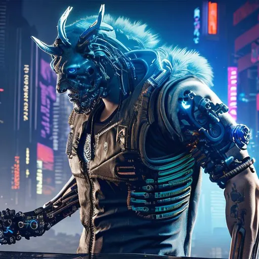 Prompt: Cyberpunk 2077 Cyborg beast. With blue anime fur