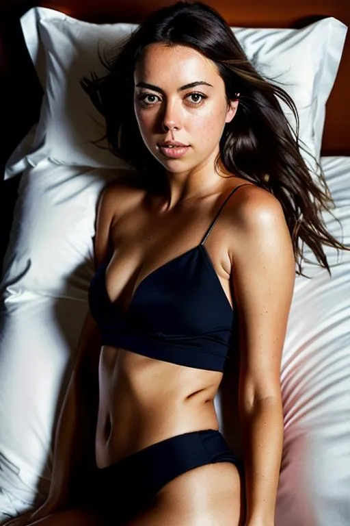 Prompt: Please produce photography of a beautiful girl, looks like Aubrey Plaza at 18 with pretty eyes lying a on bed in seductive poses in a professional photoshoot and messy hair, symmetrical face, Bright eyes with highlights . professional lighting, highly detailed in the photography style of Petter Hegre art by greg rutkowski slightly open sensual mouth professionally retouched