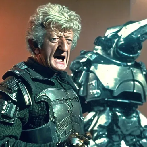 Prompt: A 28 year old Jon Pertwee shouting angrily wearing an armored futuristic scifi military uniform and holding an advanced exotic shotgun