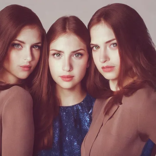 Prompt: Professional photograph, portrait, formal attire, three identical sisters, adults,  triplets 
Realistic  photograph 
Identical triplets, professional photograph,Identical triplets, portrait, professional photograph 