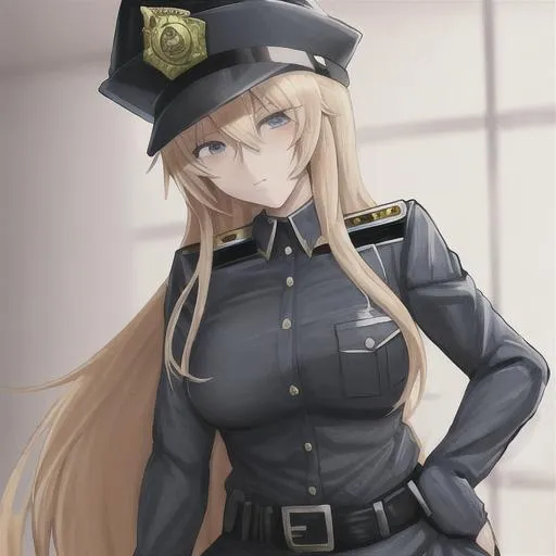 Prompt: Anime girl police officer seductive dirty blond long hair