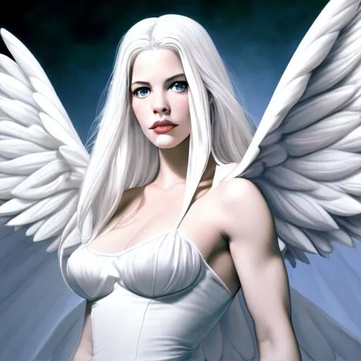 Prompt: Illustration of an Angel girl, with Liv Tyler’s, with muscles, white dress, white hair, pale skin, with wings, HD, by Tim Burton