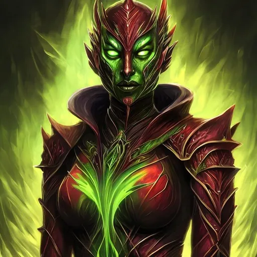 Prompt: red and green portrait female daedric princess, green fire background elder scrolls art