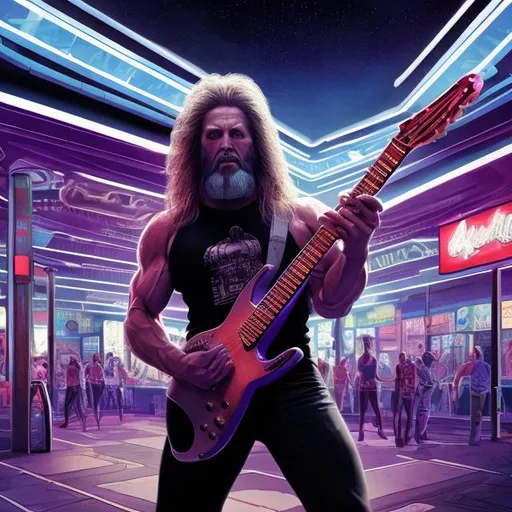 Prompt: Bodybuilding Agamemnon playing guitar for tips in a busy alien mall, widescreen, infinity vanishing point, galaxy background