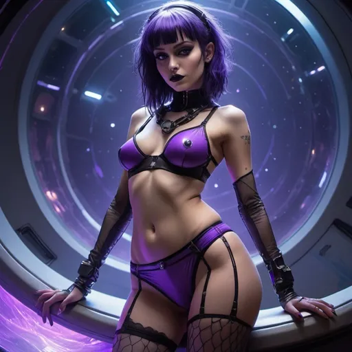 Prompt: Sci-fi starfinder space faring brooding goth girl in rippled nylons and neon purple undies spread eagle revealing 