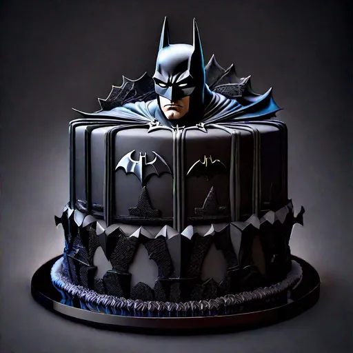 Prompt: batman, cake, sharpness, smoke, mystery, gothic, epic, hyperrealism, 3D detailed, incrustation, contrast forms and lines, contrast space and light, dof, multi-morph