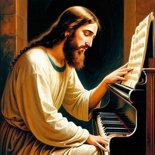 Prompt: Jesus Christ playing the piano in the heavens, beautiful, heavenly, best art, oil painting, detailed