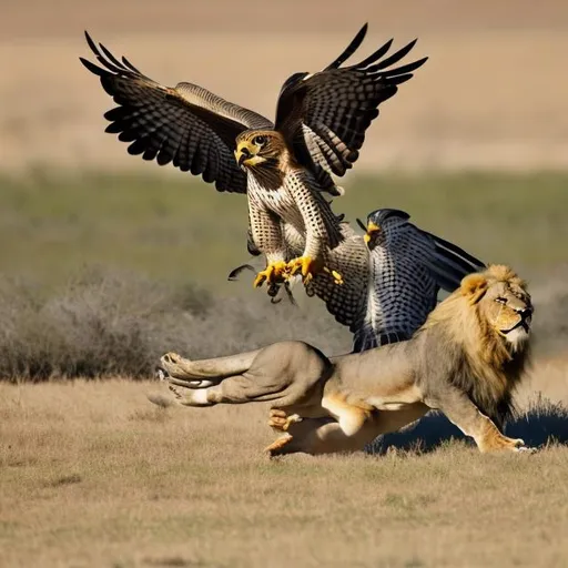 Prompt: big falcon dives towards lion fantasy