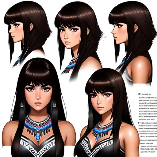 Prompt: {Concept sheet}Isabela Merced, 17 years old,  in outdoor villiage, wearing tribal cueitl, parted bangs, black hair with highlights, brown eyes, ethereal, jewelry set balayage wild hair,{Concept sheet} royal vibe, highly detailed, digital painting, Trending on artstation ,tan skin, HD quality, Big Eyes,artgerm, by Ilya Kuvshinov 