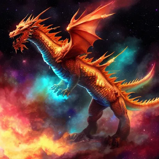Prompt: "fire dragon with a clear face flys into the nebulas" "heigh quality" "more details" "realistic" "cinematic background"
