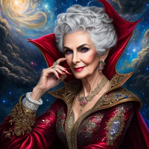 Prompt: (8k, 3D, UHD, highly detailed, hyper-detailed, masterpiece, detailed oil painting) Portrait of a Mature Attractive Upperclass 
Tiefling Woman with Greying Hair, smug, wearing a dazzling outfit combining the colors of red, silver, and white. shooting out magic from her right hand, Planets in a starry cloudy sky, perfect hands,