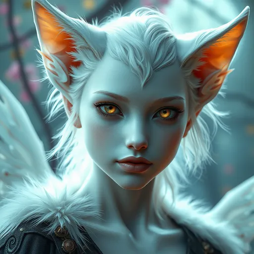 Prompt: (Full torso view dynamic image of a fantasy style) of a beautiful albino young fey woman with youthful fey look, feline features complementing, a nervous shy smile about her young innocent face, (large golden fairy eyes, feline style ears replacing human ears, (lacking human ears), ceramic like skin), (shiny white silky soft fur), vibrant color scheme, ethereal ambiance, radiant glow, intricate details, shimmering highlights, lush and mystical background, enchanting atmosphere, HD quality, captivating features, striking contrast, vivid imagination, dreamlike quality. Create a hyper-realistic scene in 8K resolution with intricate, lifelike textures and fine details. The composition is rendered with photorealistic quality, using advanced lighting, shadows, and reflections to emphasize realism. capturing natural depth, accurate proportions, and true-to-life materials. The atmosphere is immersive and visually arresting, highlighting realistic textures, subtle nuances, and dynamic elements like natural light or motion. The overall effect should feel stunningly lifelike, evoking realism in every aspect.