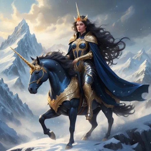 Prompt: (EPIC FANTASY CHARACTER ART), a woman with (long wavy dark hair), adorned in (shimmering black and gold metallic armor), draped in a (dark blue furry cape), (wearing a tiara), riding a majestic unicorn clad in (suit of armor), standing powerfully on a (snowy mountain landscape), ethereal mist swirling around, dynamic pose, (vibrant colors), highly detailed, (HD), showcasing a captivating and adventurous ambiance.