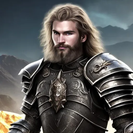 Prompt: High quality, photorealistic image of a Caucasian male, mid 20s, pale complexion and a three-day beard. He wears black armour, and he has Amber eyes. The setting is a mountain range. He has the air of a paladin.