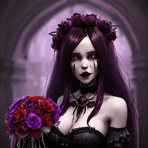 Prompt: volumetric lighting, occlusion, Unreal Engine 5 128K UHD Octane, fractal Bare shoulder girl  big bust long blood red hair and black hair vampire clothed in royal purple and gold lace bride holding bouquet cup with skulls groom awaits Draculas castle painting mixed media horror gore goth creepy realistic art 