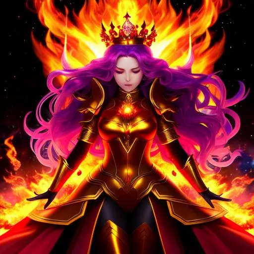 Prompt: Demon Princess with a crown of flames her body engulfed in fire wearing armor suit made of titanium, tentacles coming from behind her body flowing in the nebula space,  she has beautiful flowing hair of flames made from silk, 8k, hyper realistic, A Masterpiece, Art station, Great Composition, Covered In flames shaped like flowers, full body portrait, insanely detailed, outside, ambient lighting, hyper realistic, beautiful symmetrical face, fantasy, regal