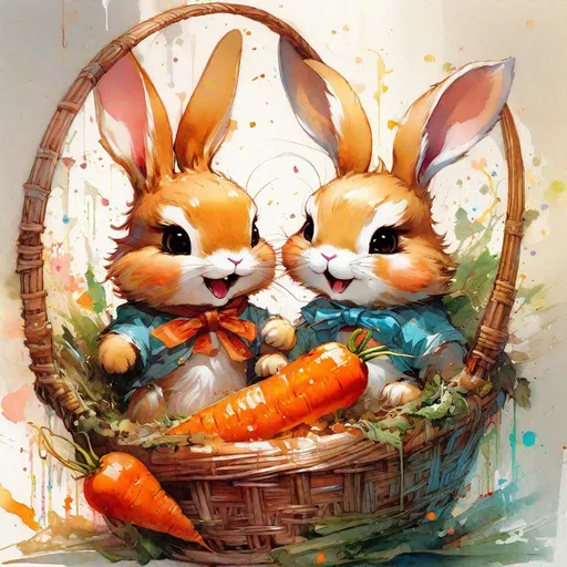 Prompt: "Two chibi happy joyful bunnies frolicking in a basket of carrots. "anime portrait by carne Griffiths, Krenz Cushart, Huang Guangjian and Akihiko Yoshida; r/Art; a masterpiece; splash art by Disney :: centered""