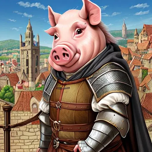 Prompt: Medieval anthropomorph pig, Medieval city background, realistic, ultra detailed
