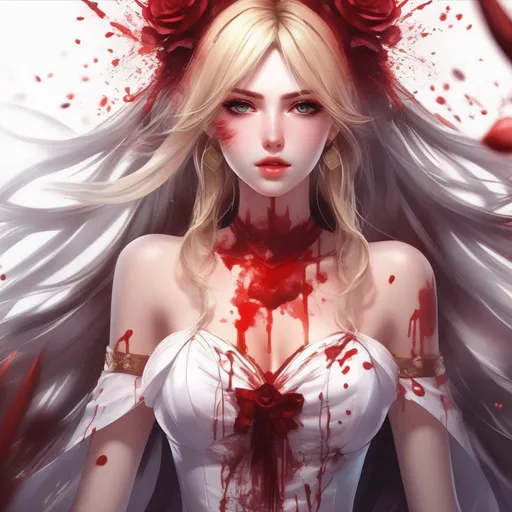 Prompt: 3d anime woman covered in blood blonde hair and white dress covered in blood and beautiful pretty art 4k full HD