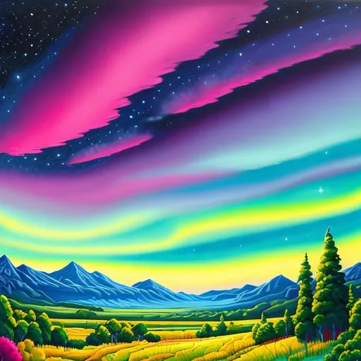 Prompt: landscape, nighttime, clouds, green and pink aurora in the night sky, acrylic on canvas, abtract, Bob Ross, highly detailed, brushstrokes, thick paint, tonemapping, pantone, green color palette. 