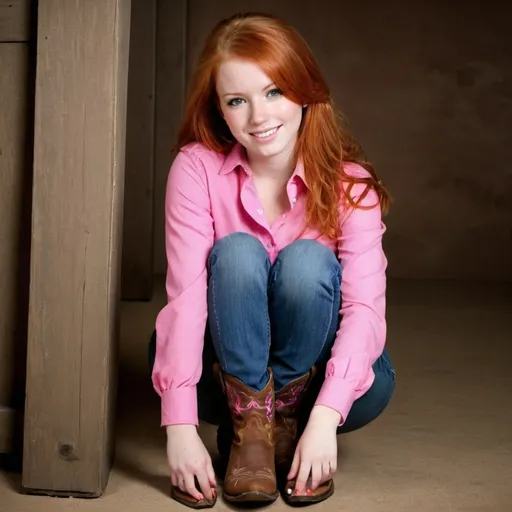 Prompt: Very beautiful red head  Girl She is wearing a pink shirt. Jeans and cowboy boots