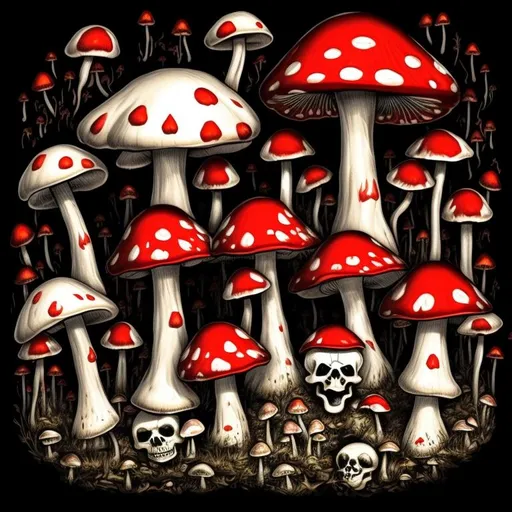 Prompt: mushroom, skeleton man, clowncore, Amanita-Muscaria