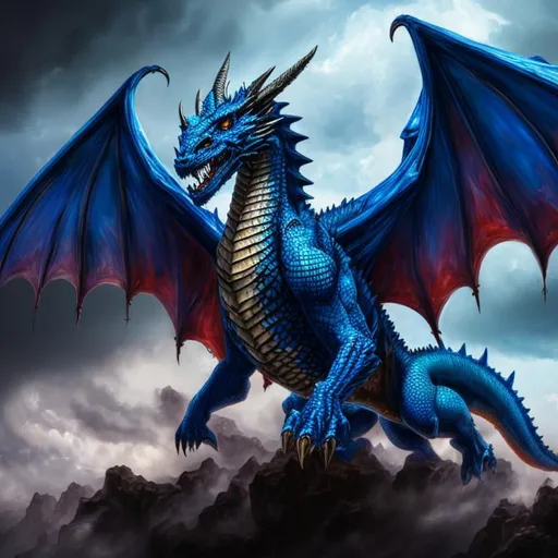 Prompt: painted, (masterpiece), best quality, "blue scaled westerner dragon", flying out of storm clouds, swords piercing the body, surrounded by black lighting, open mouth, scales and claws bloodied, one eye ripped away