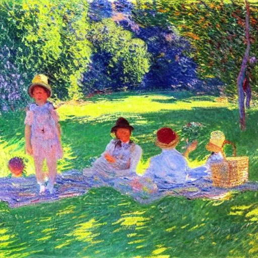Prompt: A view of a picknick. Playing children. Green grass. It's a sunny day. monet style