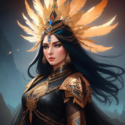 Prompt: Portrait of A beautiful harpia woman, wearing warrior Intricate legendary Black opalescent armor, beautiful redish gradient iridescent feathers headpiece, sharp focus, intricate, majestic, highly detailed, elaborate, cinematic, digital art, lens flare, octane render, fantasy,  in the style of Peter mohrbacher, tom bagshaw, david palumbo, Jacek yerka, Robert Oxley, android Jones, Georgia O'Keeffe, Anato Finnstark