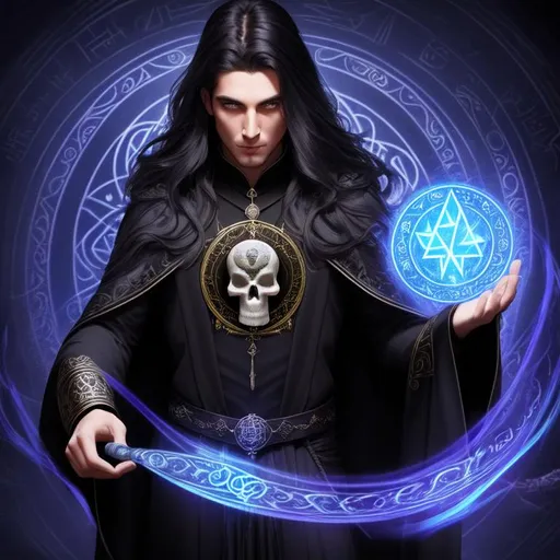 Prompt: front view of male sorcerer holding a skull, dark hair summoning wealth, protection, aura, alchemy, papers, several amulets, dark clothing, black jacket, long flowing hair, magical runes, occult, runic symbols, enochian, transhuman, techno mystic, realistic eyes, apostate, vivid colors, masterpiece, art by HR Giger, dark contrast, 3D lighting, nighttime in the heavens, background