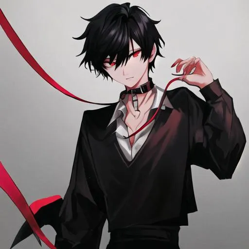 Prompt: Damien  (male, short black hair, red eyes) wearing a collar and holding a leash
