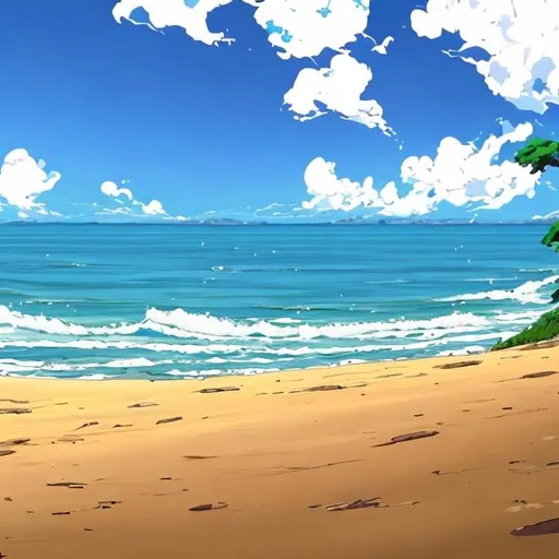 Prompt: anime Empty beach scene near the coast. 