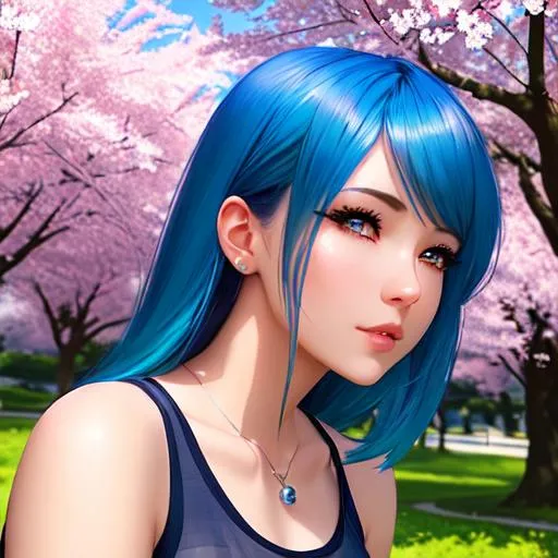 Prompt: hd photograph of a pretty girl with blue hair, wearing a tank top and shorts, relaxing under a cherry blossom tree, summer day, in the style of ilya kuvshinov, dramatic lighting, fantasy, intricate, elegant, highly detailed, lifelike, photorealistic, digital painting, bokeh, hdr, high resolution, artstation, concept art, smooth, sharp focus, art by krenz cushart and albert aublet