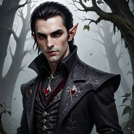 Prompt: Lucian Shadowthorn

Race & Lineage: As a Half-Elf Dhampir, Lucian possesses a blend of elven grace and vampiric allure. His features are finely chiseled, with high cheekbones and slightly pointed ears that hint at his elven heritage.

Complexion: His skin is pale with a subtle luminescence, typical of those touched by vampirism. There's a hint of shadows under his eyes, suggesting sleepless nights or perhaps a nocturnal lifestyle.

Eyes: Lucian's eyes are a deep, piercing silver with a faint crimson hue that becomes more pronounced when he's emotional or hungry. They hold a cunning and calculating gaze, always observing and analyzing.

Hair: He has jet-black hair, silky and straight, falling just below his shoulders. It's usually tied back in a loose, elegant ponytail with a silver clasp adorned with intricate designs reminiscent of his noble lineage.
 
Attire: 
Upper Body: Lucian wears a high-collared, dark crimson velvet coat embroidered with silver thread patterns. The coat has ornate buttons and is tailored to fit him perfectly, emphasizing his lean physique.
Undergarment: Beneath the coat, a black silk shirt with ruffled cuffs peeks out, adding a touch of aristocratic flair.
Accessories: A silver signet ring bearing the Shadowthorn family crest adorns his right hand. Around his neck hangs a pendant with a dark gem that seems to absorb light rather than reflect it.

Expression: His lips are set in a slight, enigmatic smirk, hinting at his deceptive nature. There's a cold confidence in his demeanor, making it clear he's not one to be trifled with.

Background Setting: The portrait's backdrop could feature the ominous edges of the Dreadwood forest, with twisted trees and misty shadows. Alternatively, an opulent room with dark velvet drapes, gothic architecture, and subtle hints of vampiric motifs can emphasize his noble status.

Lighting: A soft, moonlit glow can illuminate Lucian, casting gentle shadows that accentuate his features and add depth to his pale complexion.

Additional Elements: To symbolize his constant dance of deception and ambition, subtle imagery like a chessboard in the background or a raven perched nearby can be incorporated.