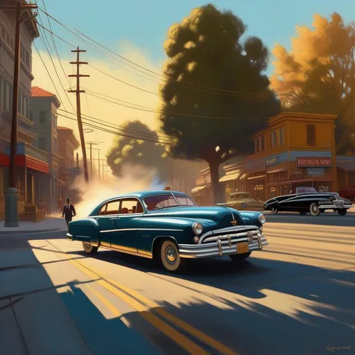 Prompt: LA Noire, car chase, cartoony, sunny atmosphere, extremely detailed painting by Greg Rutkowski and by Henry Justice Ford and by Steve Henderson