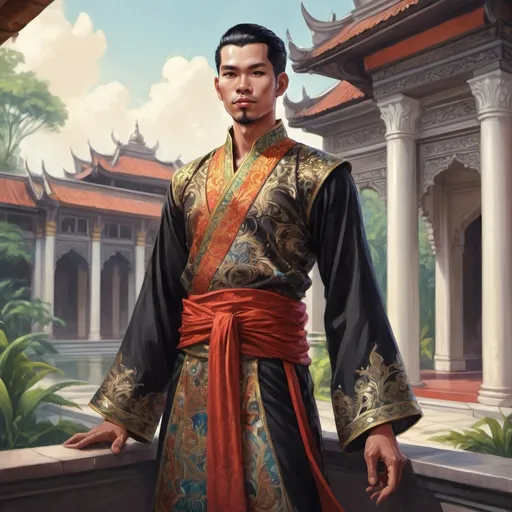 Prompt: Full body, Fantasy illustration of a male malayan noble man, 28 years old, proud expression, rich and colorfull traditional garment, fancy beart, black hair, high quality, rpg-fantasy, detailed, malayan palace background