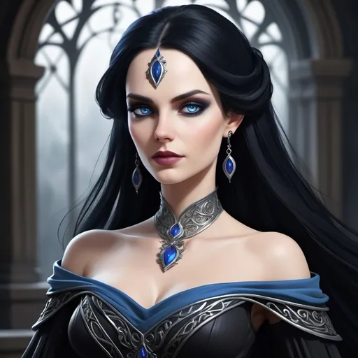 Prompt: Lady Elara Varenth

Physical Traits:

Age: Mid-30s.

Build: Slim and elegant, with a graceful yet commanding presence.

Facial Features: Soft, refined features that betray her noble status.

Eyes: Bright, sharp blue eyes that seem to pierce through the veil of deception.

Hair: Long, dark raven-black hair, often styled in an intricate braid or updo.
