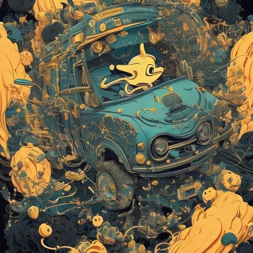 Prompt: "Goofy Mc Cheese is dead", hyperdetailed :: by Victo Ngai, Alejandro Burdisio, Alberto Seveso, Joe Fenton :: beautiful hyper-detailed artwork, deep warm and cool colors, black background, clean line, burning black fire background