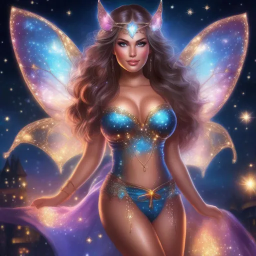 Prompt: A whole  full body image of a stunningly beautiful, hyper realistic, buxom woman with bright eyes wearing a sparkly, glowing, skimpy, sheer, fairy, witches outfit on a breathtaking night with stars and colors with glowing detailed sprites flying about, fairy dust, standard, magical