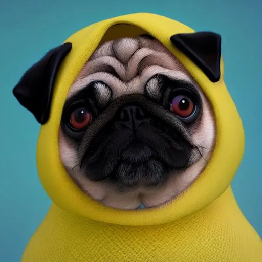 Prompt: A cute pug dog in a banana suit, hyper realistic, soft smooth lighting, pastel colours, landscape hdr, uhd, 64k, highly detailed, professional photograph, 3d blender render

