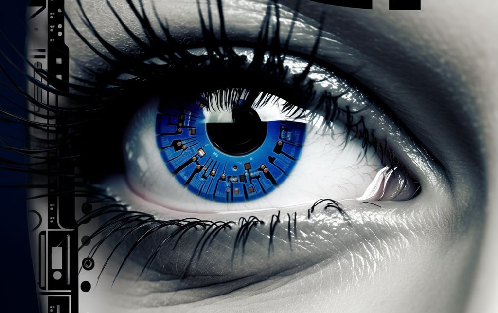 Prompt: an eye with a blue ring inside of it, in the style of high-tech futurism, signe vilstrup, security camera, realistic renderings of the human form, distinctive black and white photography, bryce 3d, toyo ito