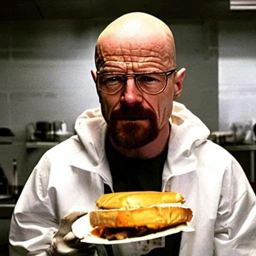 Prompt: walter white eating a jesse pinkman burger
